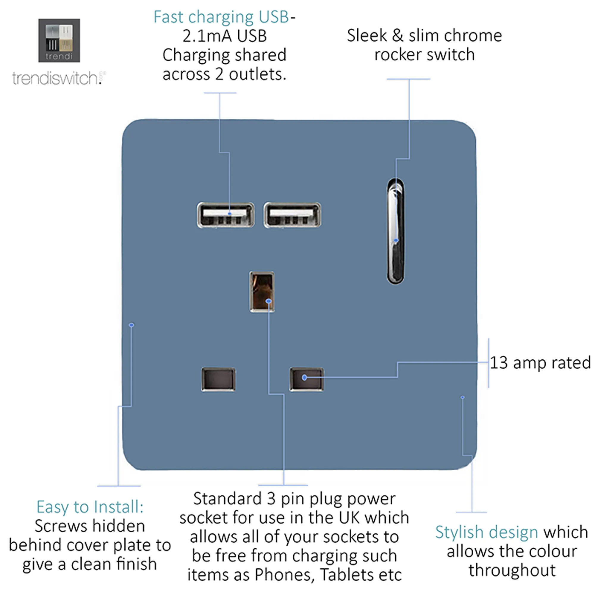 1 Gang 13Amp Switched Single Socket With 2 x USB Sky ART-SKT13USBSK  Trendi Sky